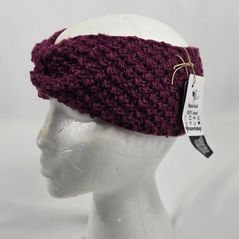 FIRAWORKSHOP Wool Headband Ear Warmer Hand‎ Knit Twisted Cable Winter Purple